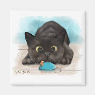 Schwarze Katze mit Spielzeugmaus Cartoon Magnet