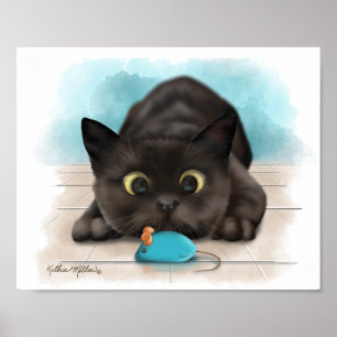 Schwarze Katze mit Spielzeugmaus Cartoon Poster