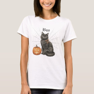 Schwarze Katze mit Spinnennetz und Jack o Lantern. T-Shirt