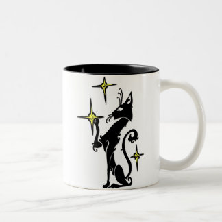 Schwarze Katze mit Sternen Zweifarbige Tasse