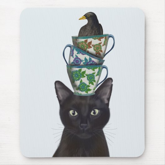 Schwarze Katze mit Teacups und Blackbird Mousepad (Vorne)