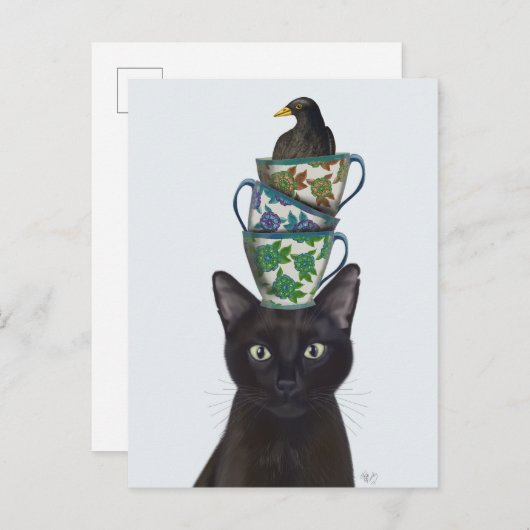 Schwarze Katze mit Teacups und Blackbird Postkarte (Vorne/Hinten)
