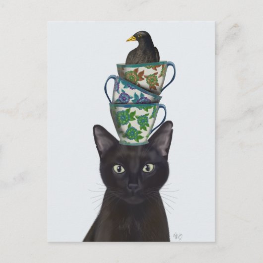 Schwarze Katze mit Teacups und Blackbird Postkarte (Vorderseite)
