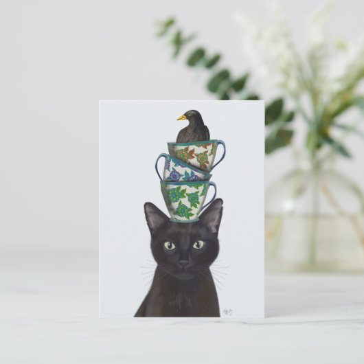 Schwarze Katze mit Teacups und Blackbird Postkarte (Stehend Vorderseite)
