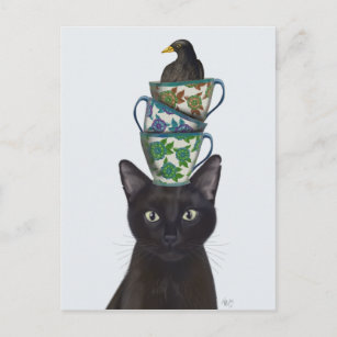 Schwarze Katze mit Teacups und Blackbird Postkarte