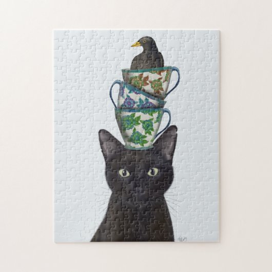 Schwarze Katze mit Teacups und Blackbird Puzzle (Vertikal)
