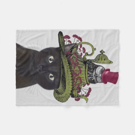Schwarze Katze mit Teekanne und Eule Fleecedecke (Vorderseite (Horizontal))