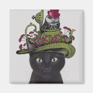 Schwarze Katze mit Teekanne und Eule Magnet