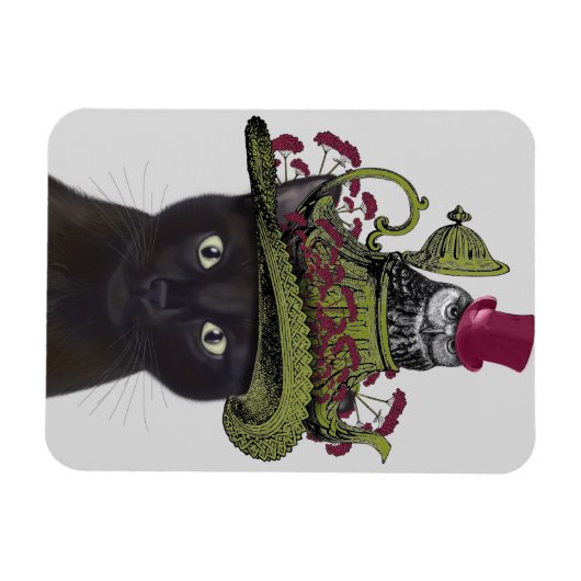 Schwarze Katze mit Teekanne und Eule Magnet (Horizontal)