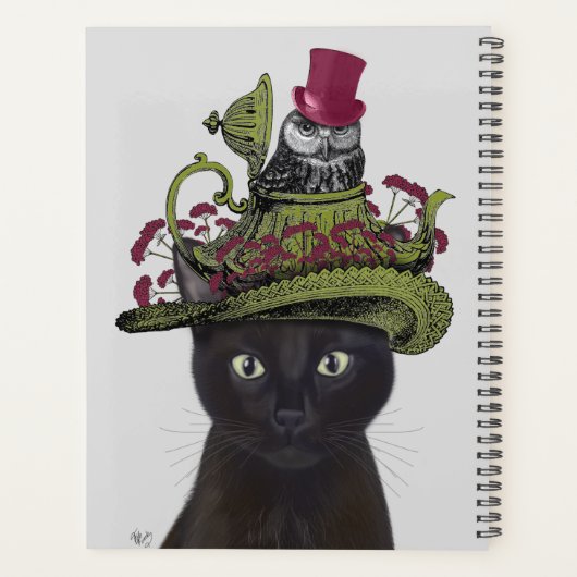 Schwarze Katze mit Teekanne und Eule Planer (Rückseite)
