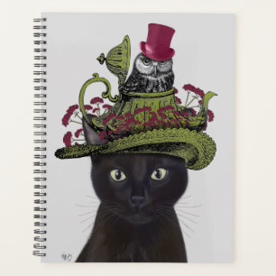 Schwarze Katze mit Teekanne und Eule Planer