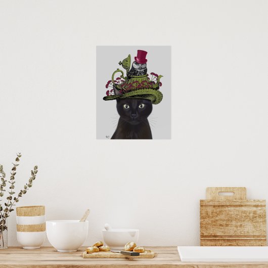 Schwarze Katze mit Teekanne und Eule Poster (Küche)