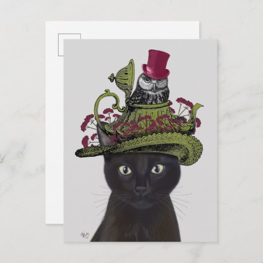Schwarze Katze mit Teekanne und Eule Postkarte (Vorne/Hinten)