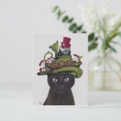 Schwarze Katze mit Teekanne und Eule Postkarte (Stehend Vorderseite)