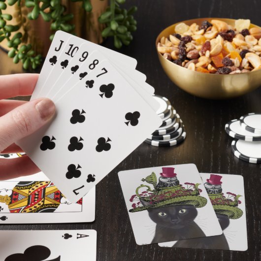 Schwarze Katze mit Teekanne und Eule Spielkarten (In Situ)