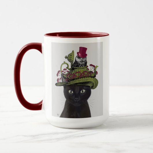 Schwarze Katze mit Teekanne und Eule Tasse (Links)