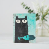 Schwarze Katze mit Türkisfisch Postkarte (Stehend Vorderseite)