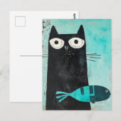 Schwarze Katze mit Türkisfisch Postkarte (Vorne/Hinten)