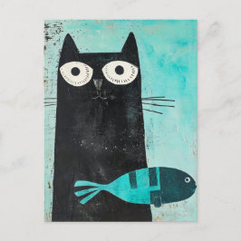 Schwarze Katze mit Türkisfisch Postkarte