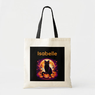 Schwarze Katze mit Vollmond Halloween-Tasche Tragetasche