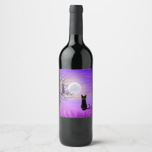 Schwarze Katze mit Vollmond und Lila Nachthimmel Weinetikett
