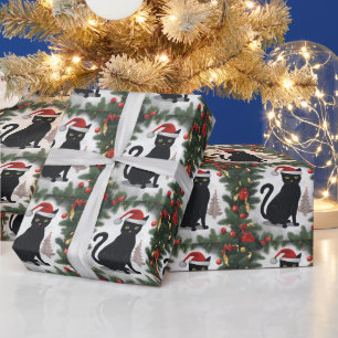 Schwarze Katze mit Weihnachtsbaum und Ornamenten Geschenkpapier