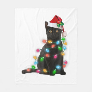 Schwarze Katze mit Weihnachtsbeleuchtung der Weihn Fleecedecke