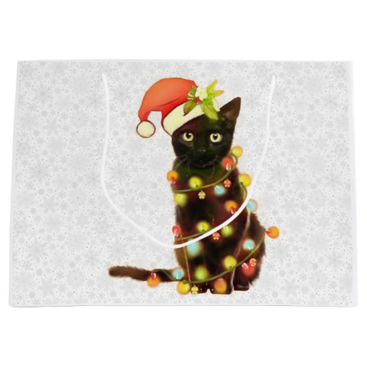 Schwarze Katze mit Weihnachtsbeleuchtung Geschenkt Große Geschenktüte (Vorderseite)