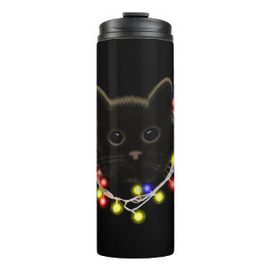 Schwarze Katze mit Weihnachtsbeleuchtung Thermosbecher