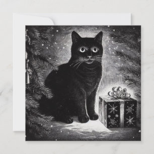 Schwarze Katze mit Weihnachtsgeschenk Karte