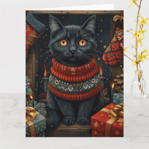 Schwarze Katze mit Weihnachtsgeschenken Kamin Karte