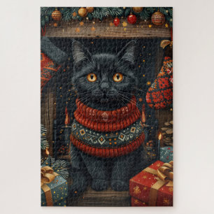 Schwarze Katze mit Weihnachtsgeschenken Kamin Puzzle