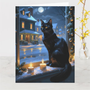 Schwarze Katze mit Weihnachtslicht Urlaub Karte