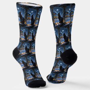 Schwarze Katze mit Weihnachtslicht Urlaub Socken