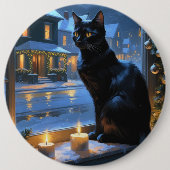 Schwarze Katze mit Weihnachtslichtern Feiertag Button (Vorderseite)