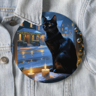 Schwarze Katze mit Weihnachtslichtern Feiertag Button