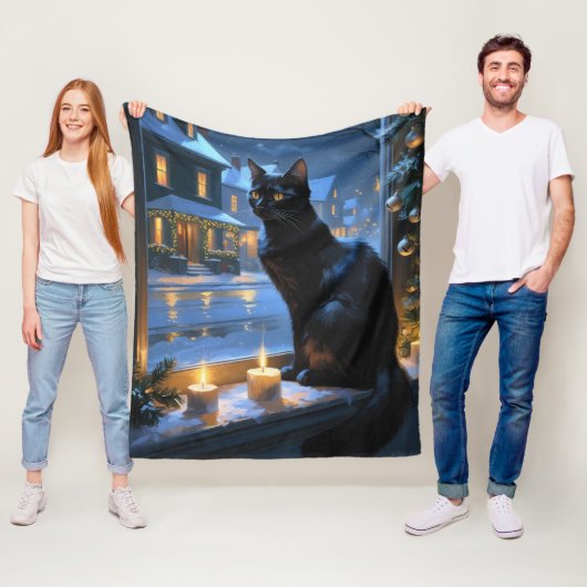 Schwarze Katze mit Weihnachtslichtern Feiertag Fleecedecke (Beispiel)