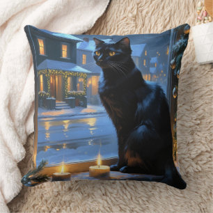 Schwarze Katze mit Weihnachtslichtern Feiertag Kissen