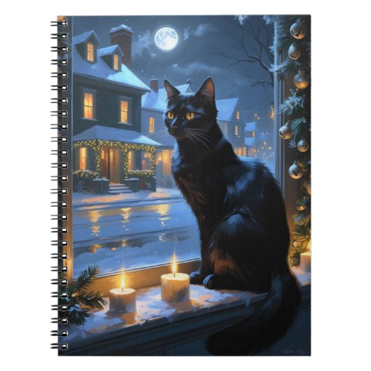 Schwarze Katze mit Weihnachtslichtern Feiertag Notizblock (Vorderseite)