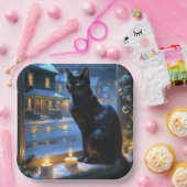 Schwarze Katze mit Weihnachtslichtern Feiertag Pappteller (Party)