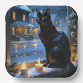 Schwarze Katze mit Weihnachtslichtern Feiertag Pappteller (Vorderseite)