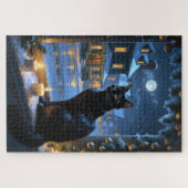 Schwarze Katze mit Weihnachtslichtern Feiertag Puzzle (Horizontal)