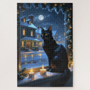 Schwarze Katze mit Weihnachtslichtern Feiertag Puzzle