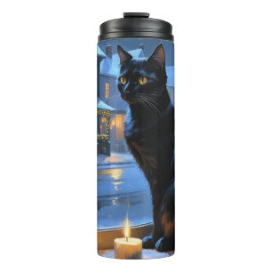 Schwarze Katze mit Weihnachtslichtern Feiertag Thermosbecher