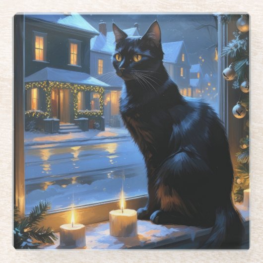 Schwarze Katze mit Weihnachtslichtern Urlaub Glasuntersetzer (Vorderseite)