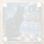 Schwarze Katze mit Weihnachtslichtern Urlaub Glasuntersetzer (Rückseite)