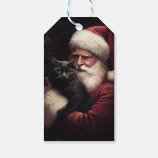 Schwarze Katze mit Weihnachtsmann Weihnachten Geschenkanhänger (Vorderseite)