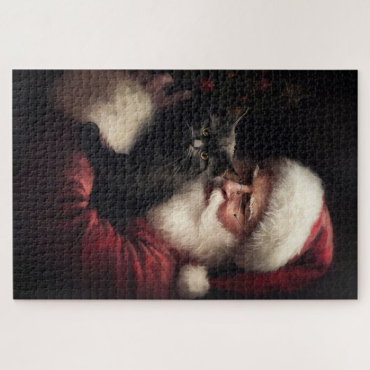 Schwarze Katze mit Weihnachtsmann Weihnachten Puzzle (Horizontal)