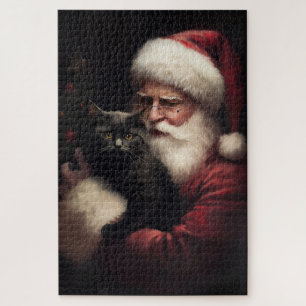 Schwarze Katze mit Weihnachtsmann Weihnachten Puzzle