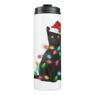 Schwarze Katze mit Weihnachtsmannhut Weihnachtslic Thermosbecher